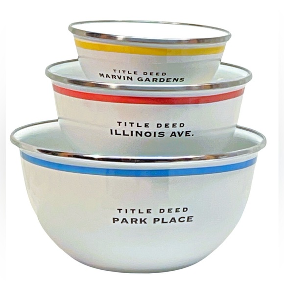Hasbro Set of 3 Porcelain Enamel Nesting Snack Bowls Monopoly Game Design NEW - Picture 2 of 8
